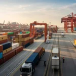 Modern international shipping port with cargo containers and freight operations demonstrating efficient cross-border logistics