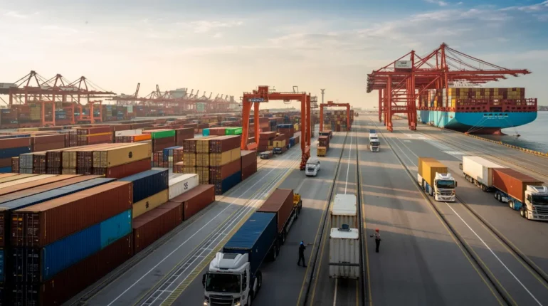 Modern international shipping port with cargo containers and freight operations demonstrating efficient cross-border logistics