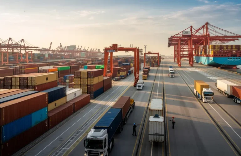 Modern international shipping port with cargo containers and freight operations demonstrating efficient cross-border logistics