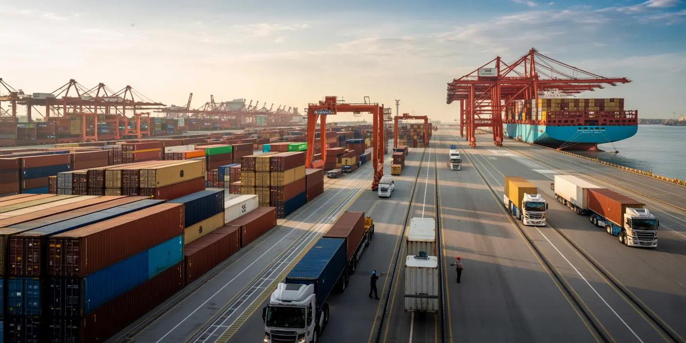 Modern international shipping port with cargo containers and freight operations demonstrating efficient cross-border logistics