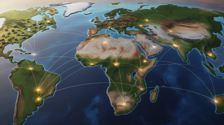 Map showing African commodity supply chains connecting mining and agricultural regions to global markets