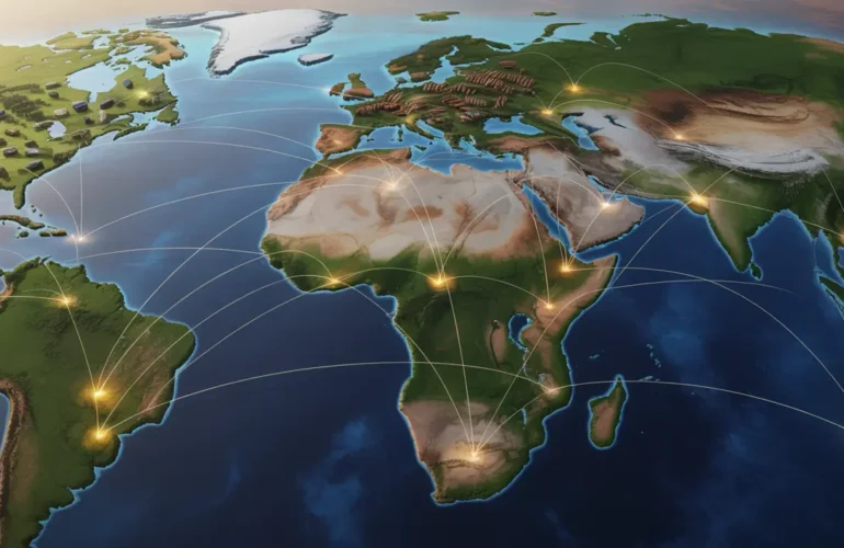 Map showing African commodity supply chains connecting mining and agricultural regions to global markets
