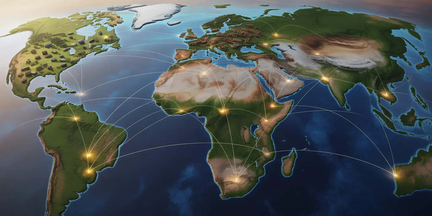 Map showing African commodity supply chains connecting mining and agricultural regions to global markets