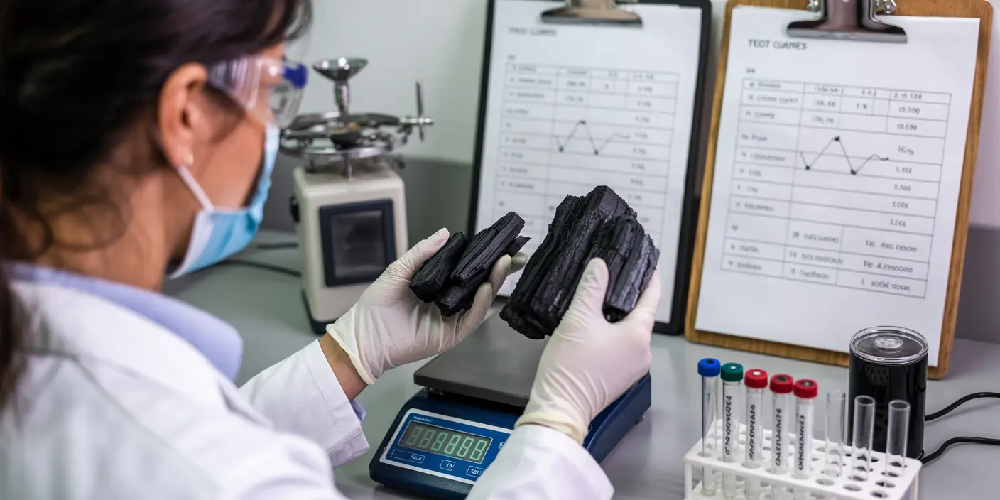 Laboratory testing of charcoal for fixed carbon content, moisture levels, and quality analysis for export standards