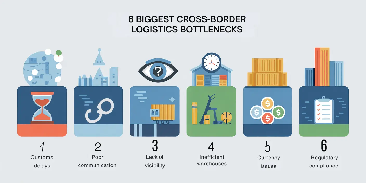 Infographic showing six major bottlenecks in cross-border logistics including customs delays and documentation errors