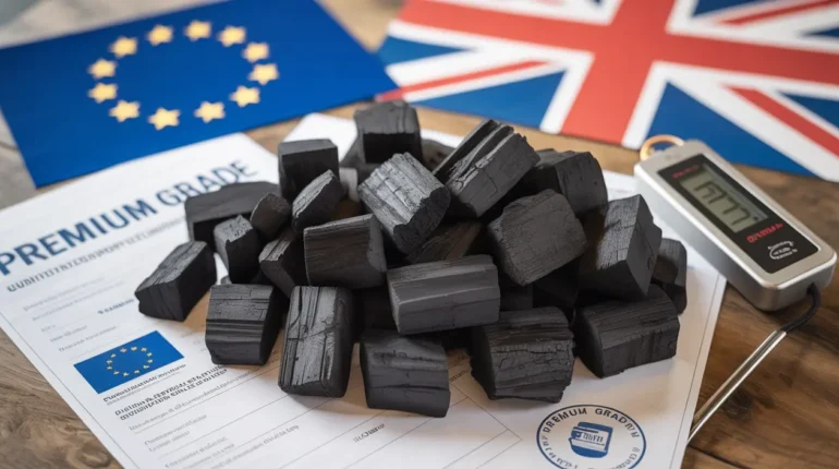 Premium export-ready charcoal meeting UK and EU quality standards with certification documents and testing equipment