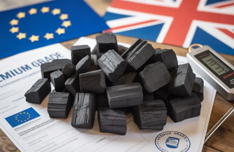 Premium export-ready charcoal meeting UK and EU quality standards with certification documents and testing equipment