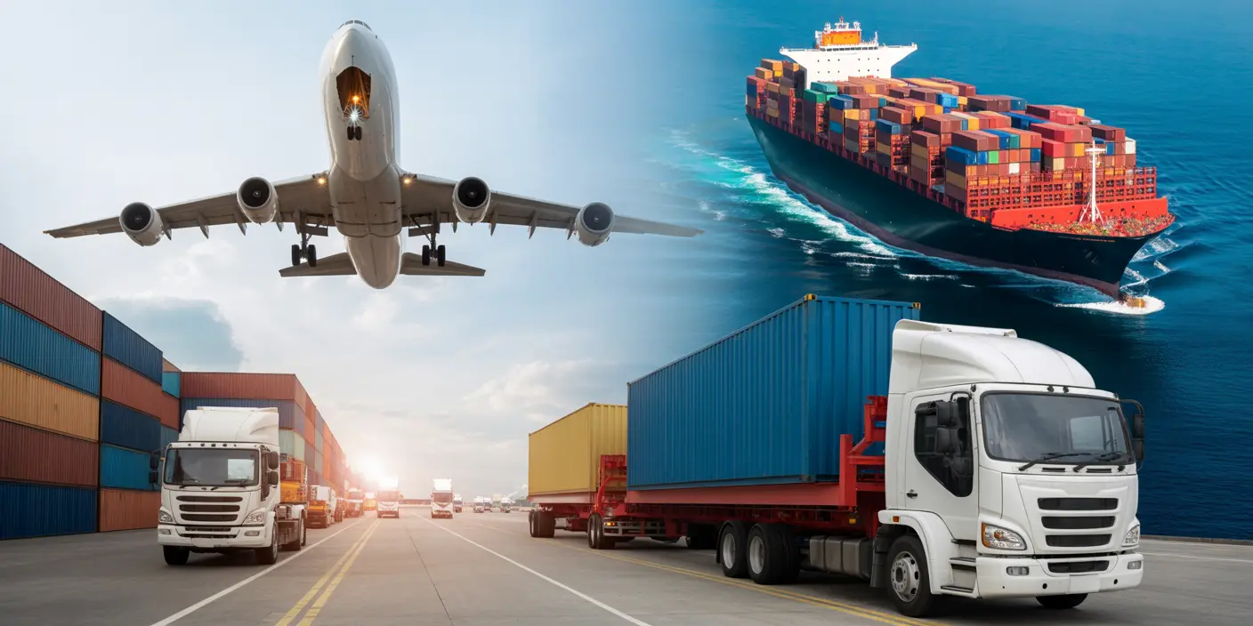Air freight and ocean freight transportation modes for international shipping and logistics