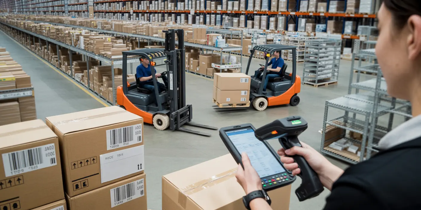 Modern distribution center warehouse with organized inventory for international cross-border trade