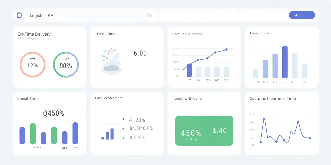Logistics performance dashboard showing KPIs for cross-border trade including delivery times and costs