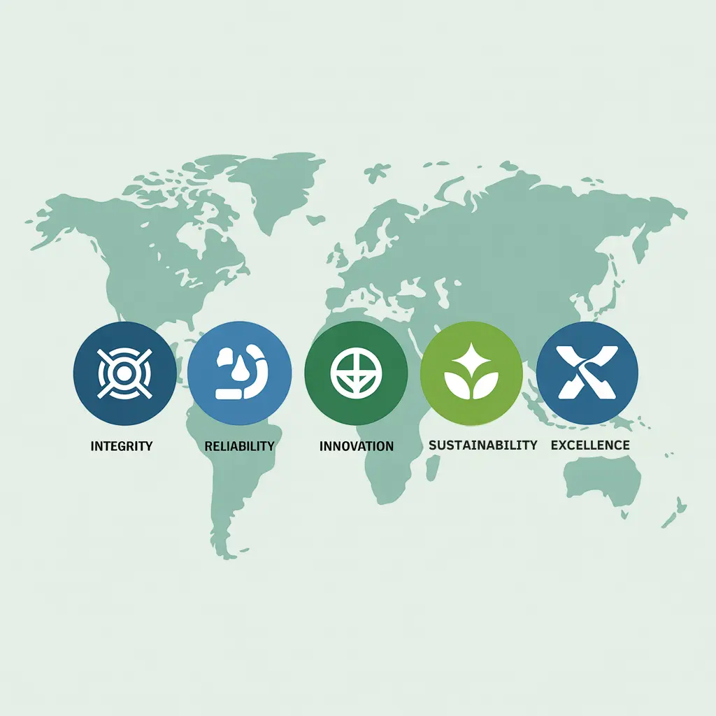 BV Integrated Ltd core values represented with icons for integrity, reliability, innovation, sustainability, and excellence.