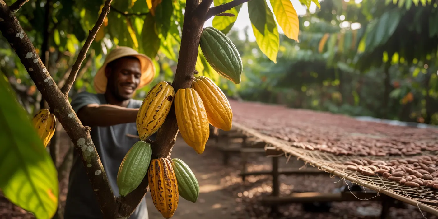 Cocoa pods being harvested in West African plantation in Côte d'Ivoire or Ghana