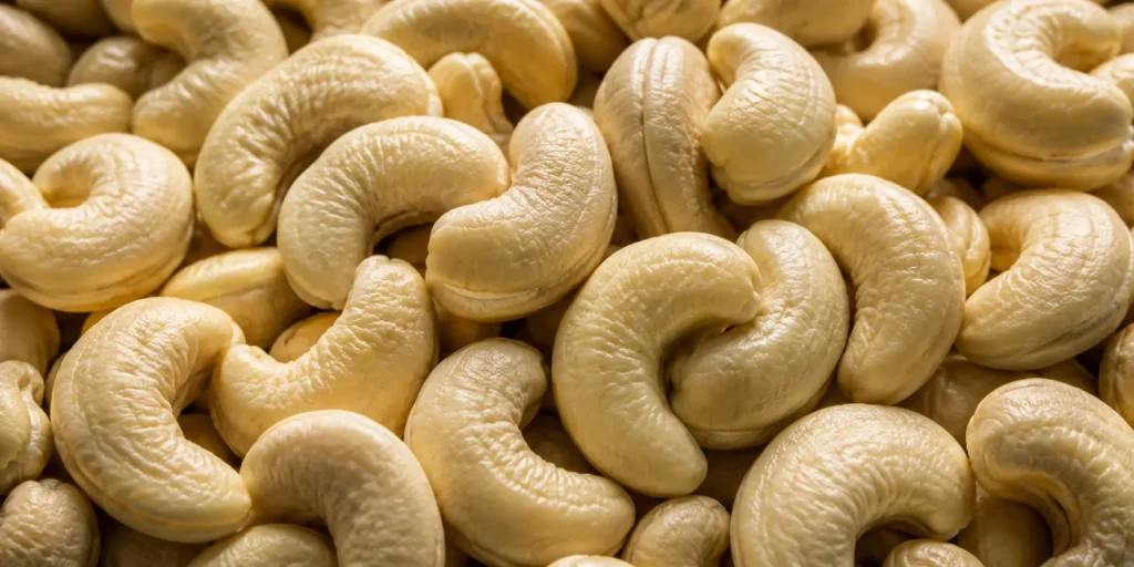 Close-up of premium ivory-cream cashew nut kernels showing grading uniformity, supplied by BV Integrated Ltd