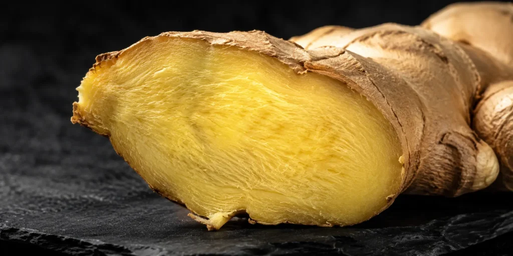 Close-up cross-section of dried ginger root showing fibre and colour quality, supplied by BV Integrated Ltd
