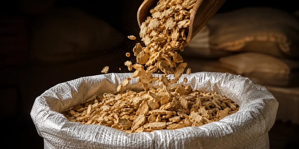 Split dried ginger being packaged for export by BV Integrated Ltd