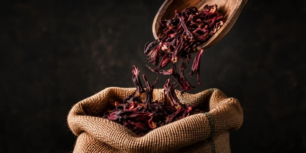Dried hibiscus flowers being poured from a wooden scoop into a burlap export sack on a dark surface, motion-frozen pour shot, warm dramatic lighting, premium commodity export photography, wide landscape crop 1408x704, no text