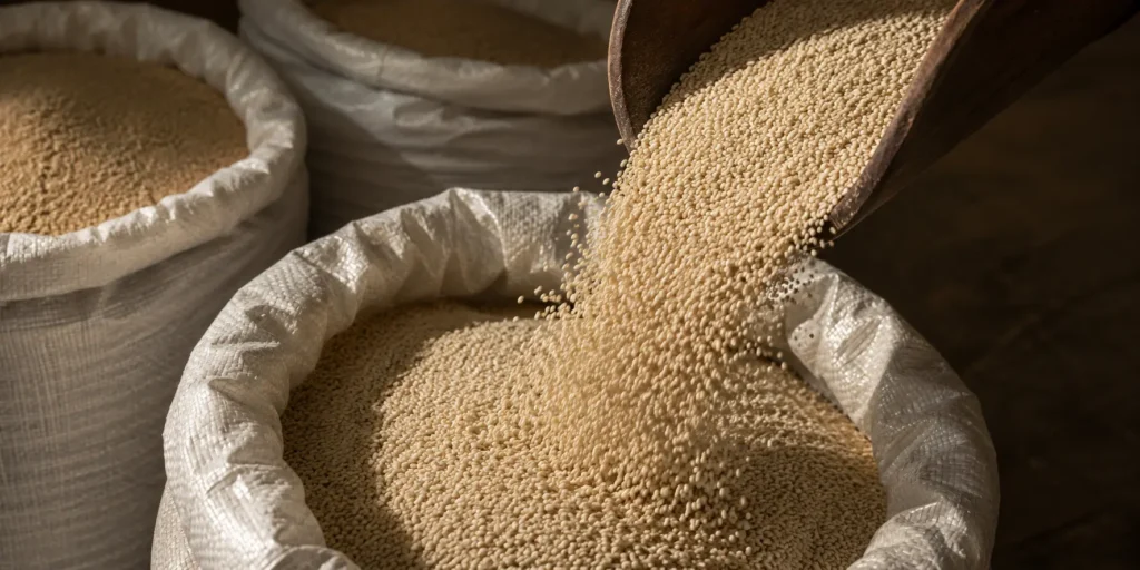 Sesame seeds being packaged for export by BV Integrated Ltd