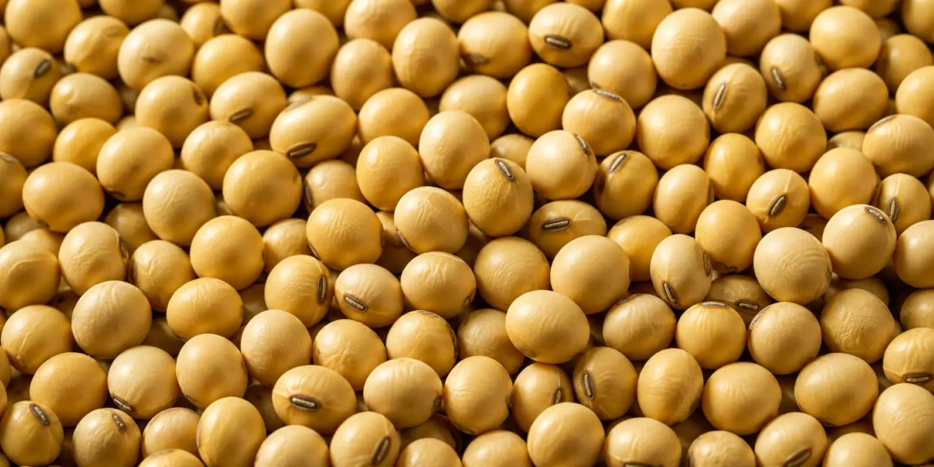 Close-up of premium non-GMO soyabeans showing colour and grading uniformity, supplied by BV Integrated Ltd