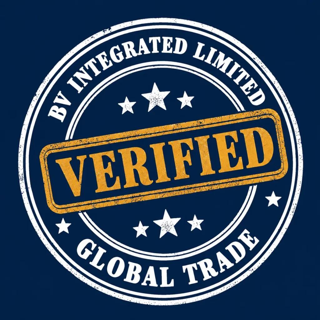 BV Integrated global trade verification stamp — certified sourcing seal (dark background version)