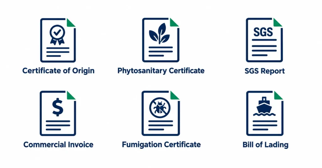 Six required export documents for African agro-commodity shipments to the UK and EU: Certificate of Origin, Phytosanitary Certificate, SGS report, invoice, fumigation certificate, bill of lading