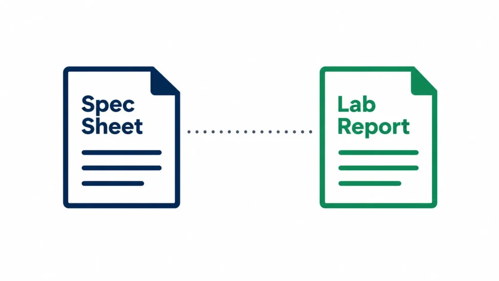 Diagram illustrating spec drift between a supplier's spec sheet and independently tested batch results