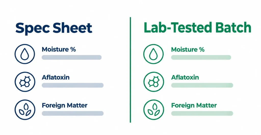 Comparison chart showing supplier spec sheet claims versus independently lab-tested batch results for aflatoxin and moisture