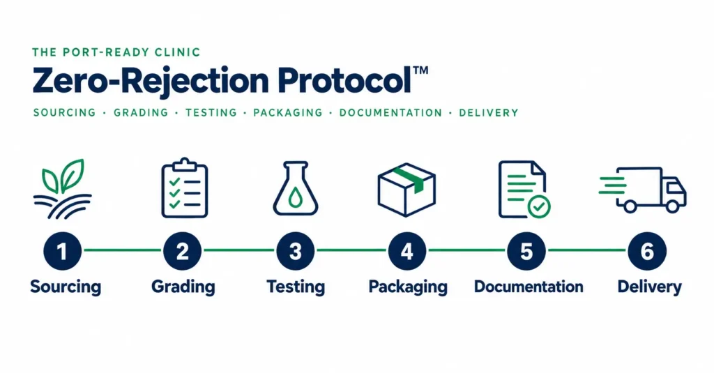 The six stages of BV Integrated's Zero-Rejection Protocol: sourcing, grading, testing, packaging, documentation, delivery