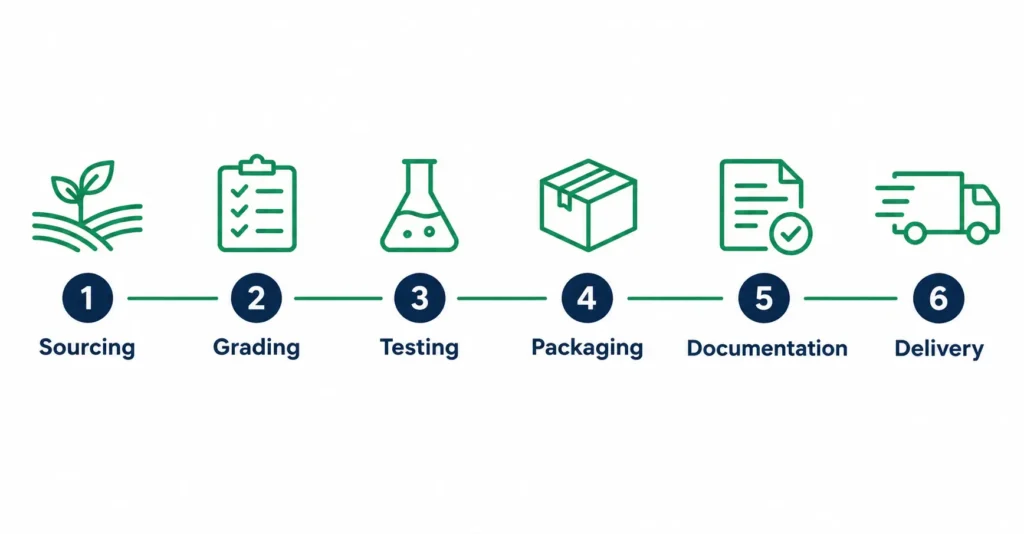 Zero-Rejection Protocol six stages: sourcing, grading, testing, packaging, documentation, delivery